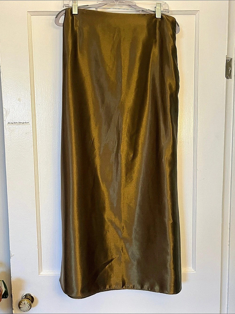Mesllowes: Satin-Look Maxi Skirt in olive Like New